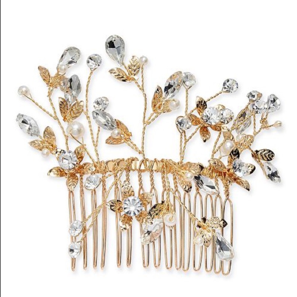 INC Gold Tone Crystal & Pearl Flower Hair Comb nwt